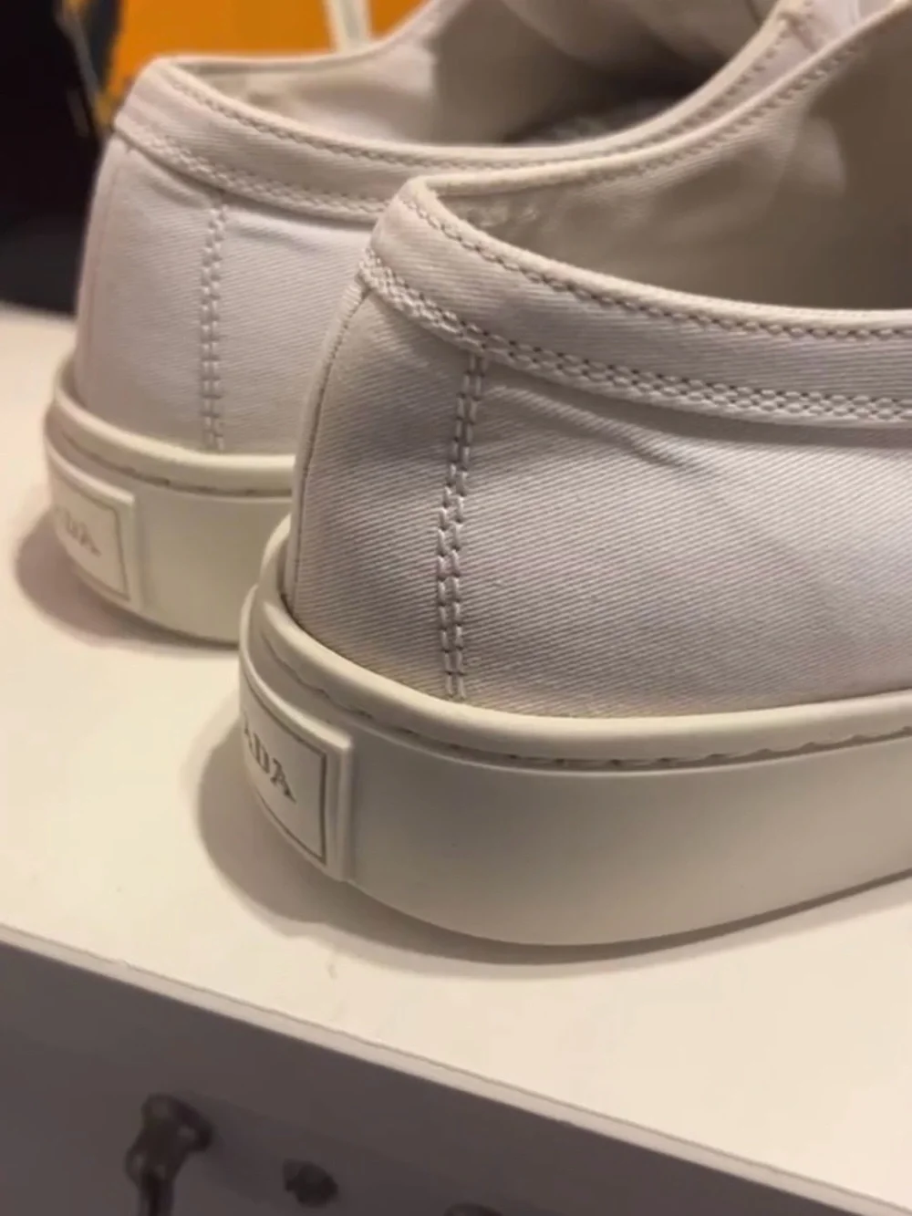 Prada Wheel Gabardine White Canvas Low-Top Sneakers with Logo Heel sz 37 1/2 - Picture 7 of 12